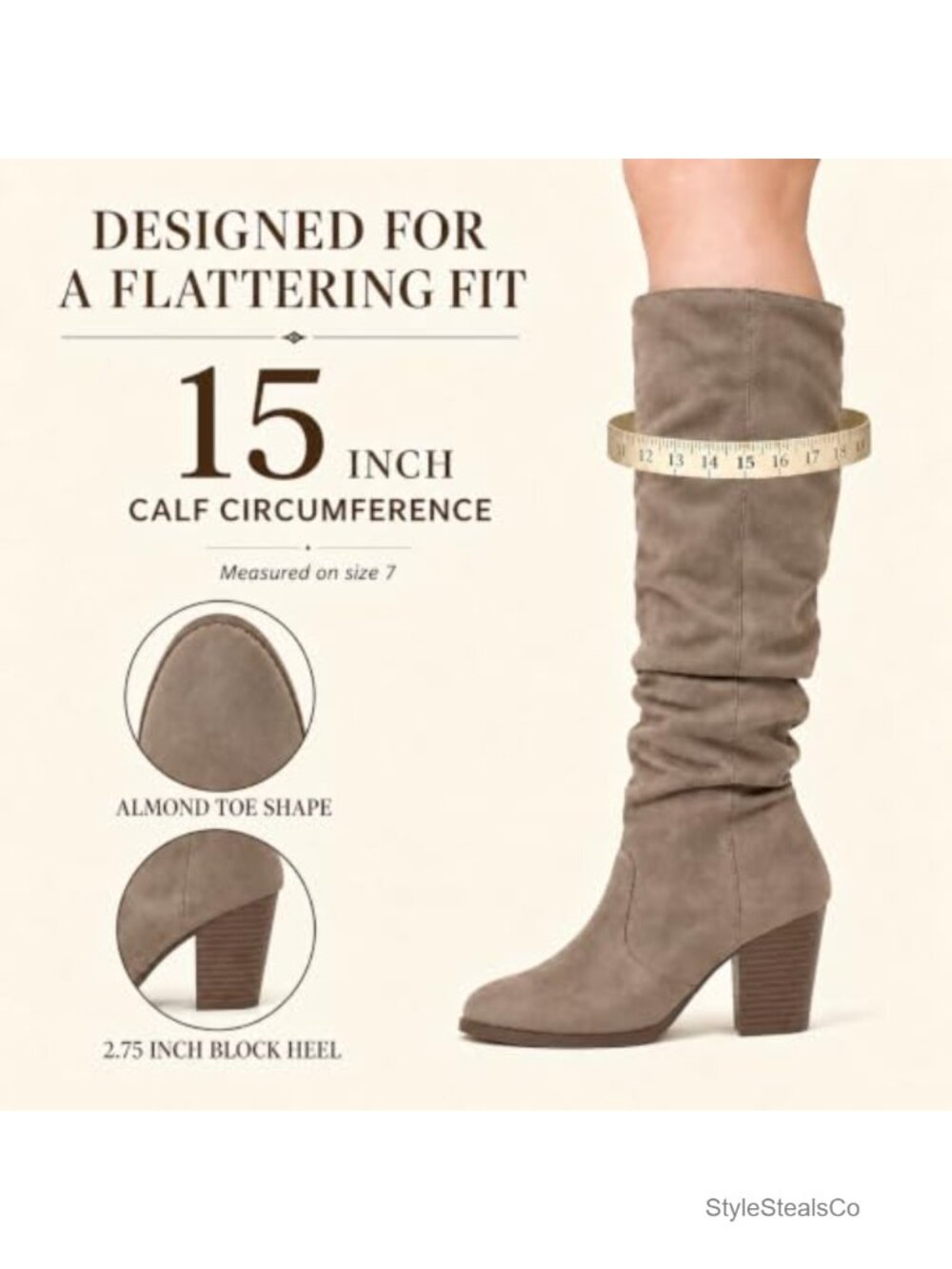 Slouchy Knee High Block Heel Boots Vegan Almond Toe Pull On - Picture 5 of 6